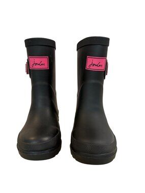 JOULES 'KELLY' PULL-ON RAIN BOOTS VARSITY STRIP BACK Black Pink Size 9 NWOT
